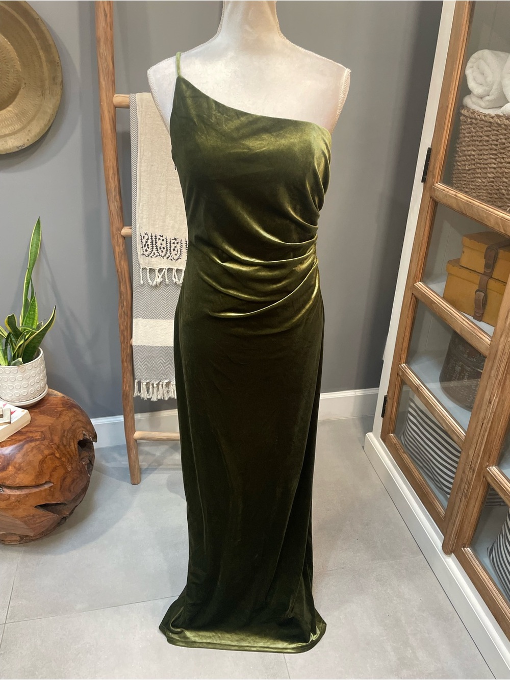 Revelry Olive Velvet One-Shoulder Gown